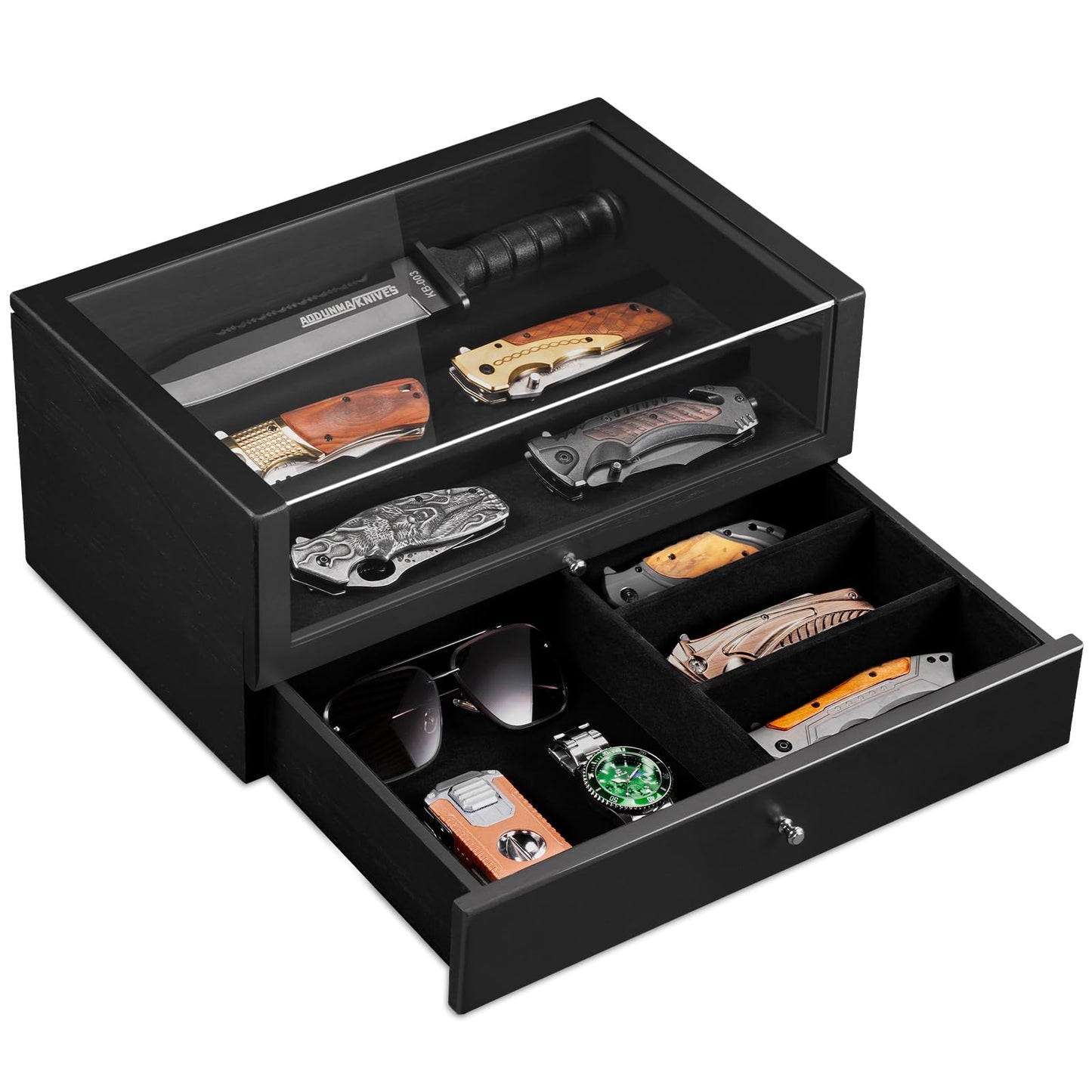 Emfogo Pocket Knife Display Case, Large Knife Collection Box for Folding Knives & EDC Gear, Solid Wood Knife Organizer with Transparent Lid & Drawer, Collector-Grade Gift for Men (Black)
