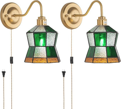 Plug in Wall Sconces Set of 2, Vintage Wall Lamps with Polygonal Checker Stained Glass Shade, Brass Lights Fixture Decor for Bedroom Bathroom Living Room Hallway