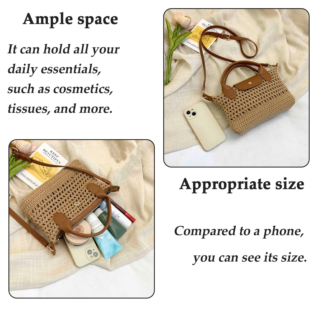 Crochet Crossbody Bags for Women Summer Beach Handbag Small Woven Tote Purse with Leather Top Handle White