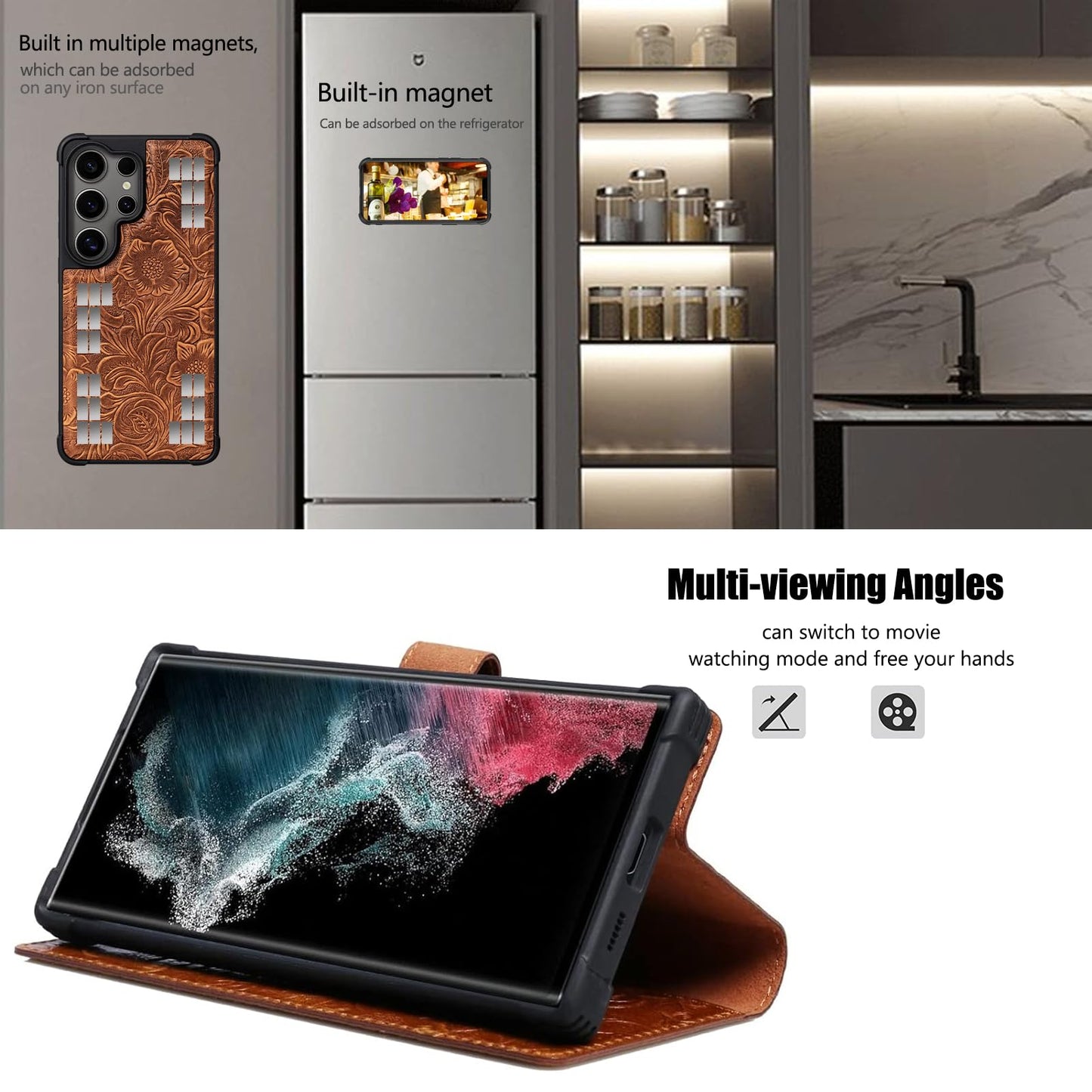 RMAWRAD Leather Case Wallet Compatible with Samsung Galaxy S25 Ultra,Genuine Leather2-in-1Magnetic Detachable Shockproof,Flip Folio Cover with Card Slot, RFID Blocking Dark Brown