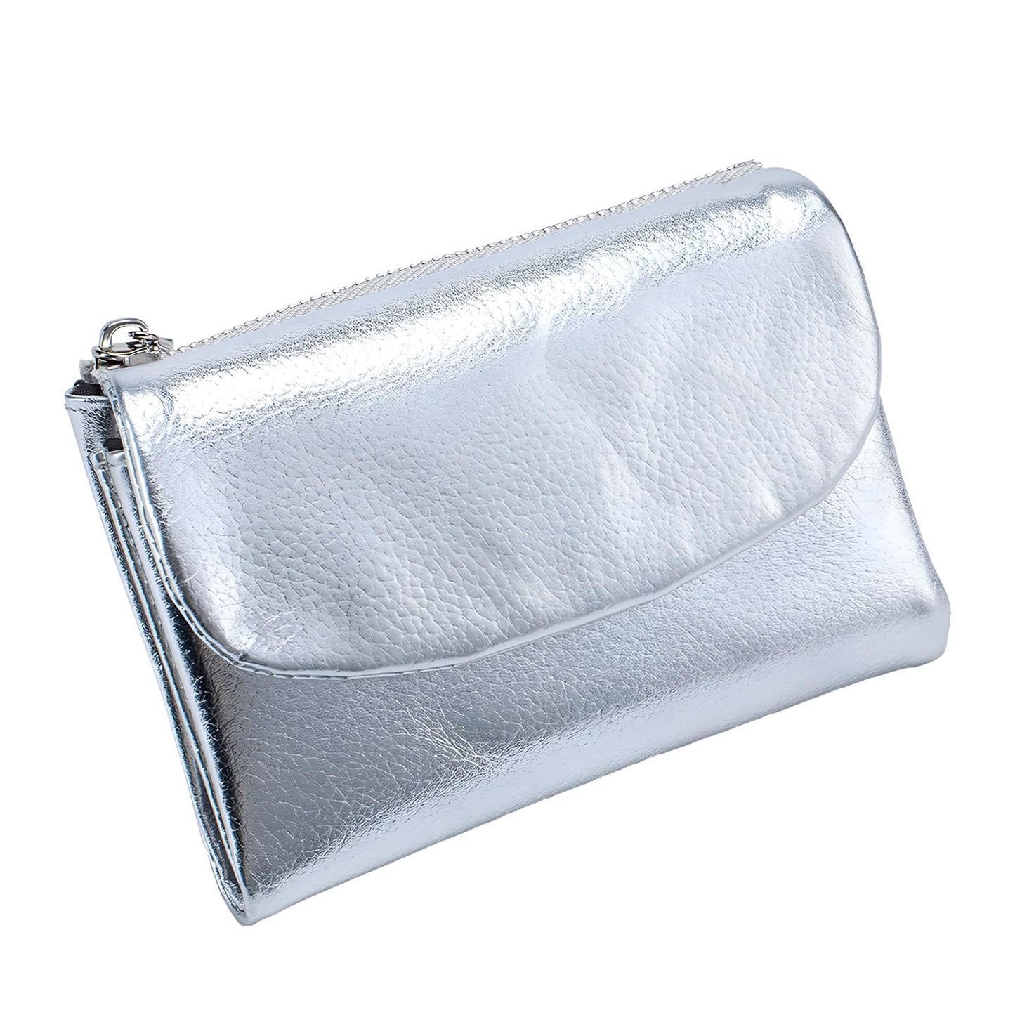 Unisex Pebble Leather Wallet, 5.3In Short Genuine Leather Coin Card Holder, Two zippered pockets, Unisex Clutch Bags, Can Hold Coins, Cards, Id Cards (Silver)