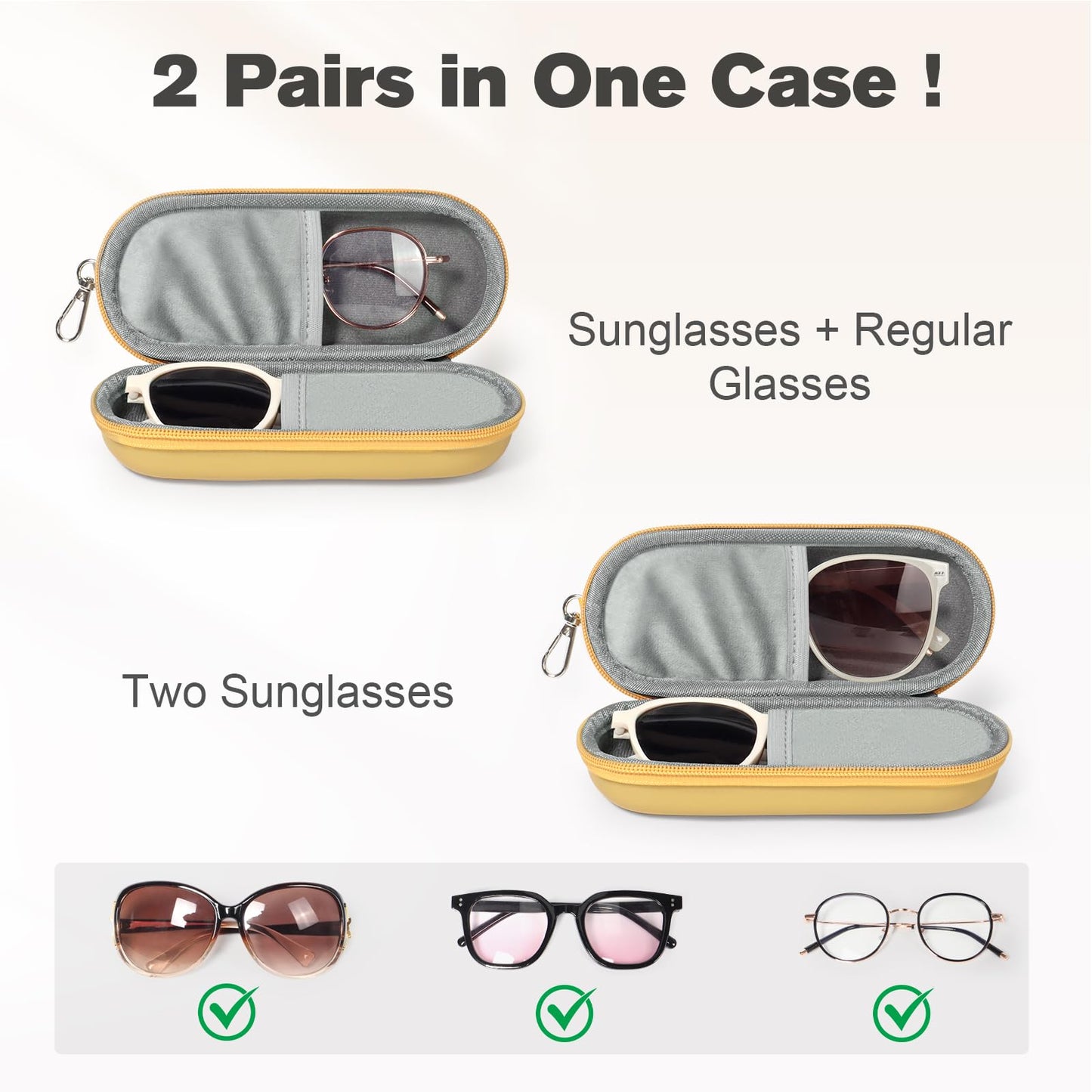 Huvon Double Eyeglasses Case, Dual Glasses Sunglasses Organizer with Zipper Closure, Eyewear Storage Box for Men Women Travel (Mellow Yellow)