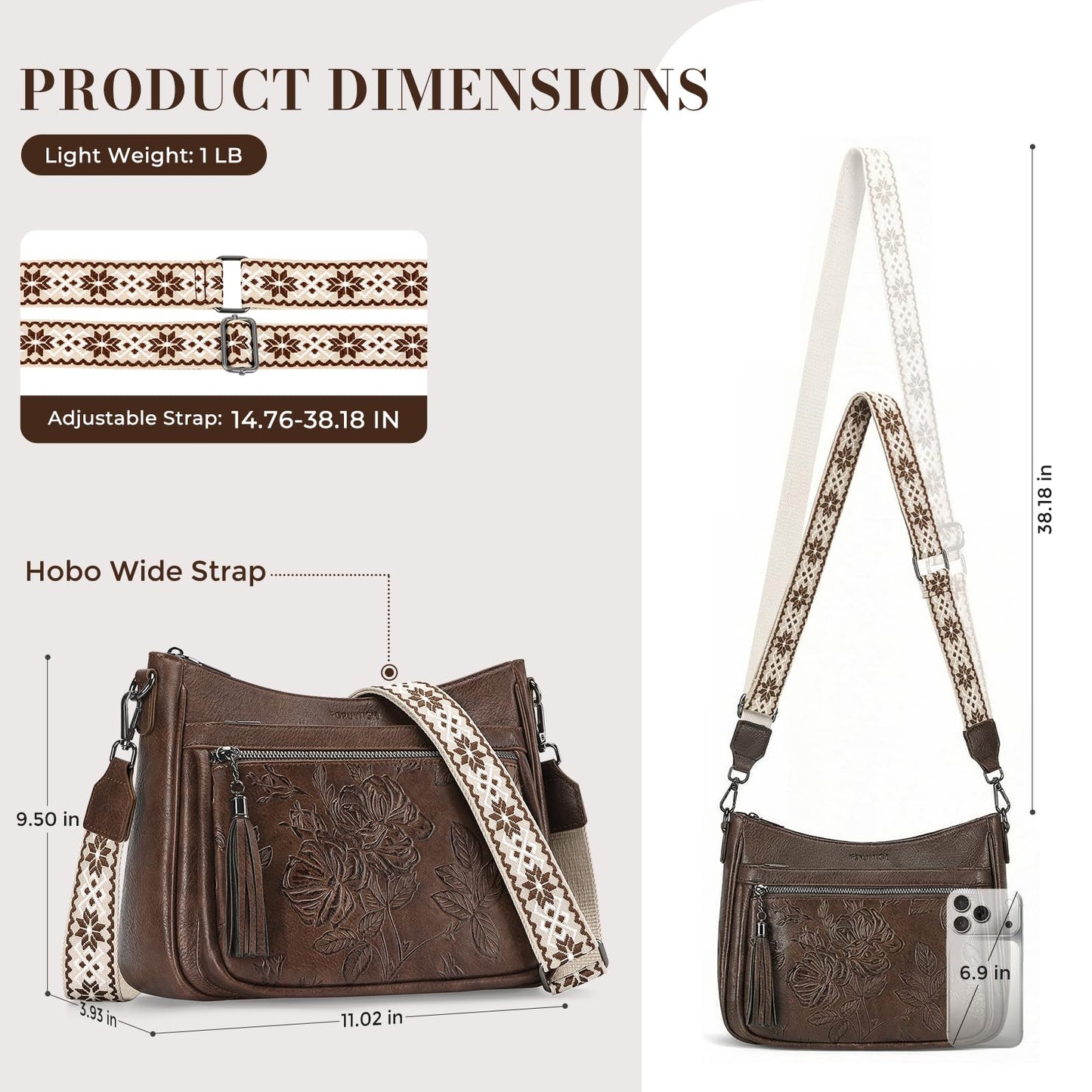 FORUWISH Crossbody Bags for Women, Coffee Brown Vegan Leather Medium Crossbody Purse, Spacious Daily Travel Shoulder Bag with Boho Strap