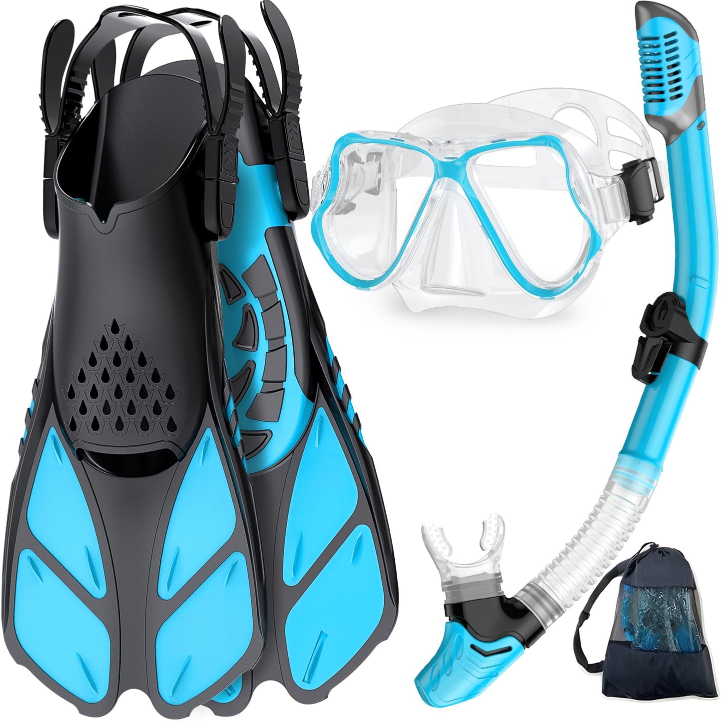 Zenoplige Mask Fins Snorkel Set, Snorkeling Gear for Adults, Panoramic View Snorkel Mask Anti-Fog, Adjustable Dive Flippers, Dry Top Snorkel and Travel Bag, Scuba Gear for Swimming Snorkeling Diving