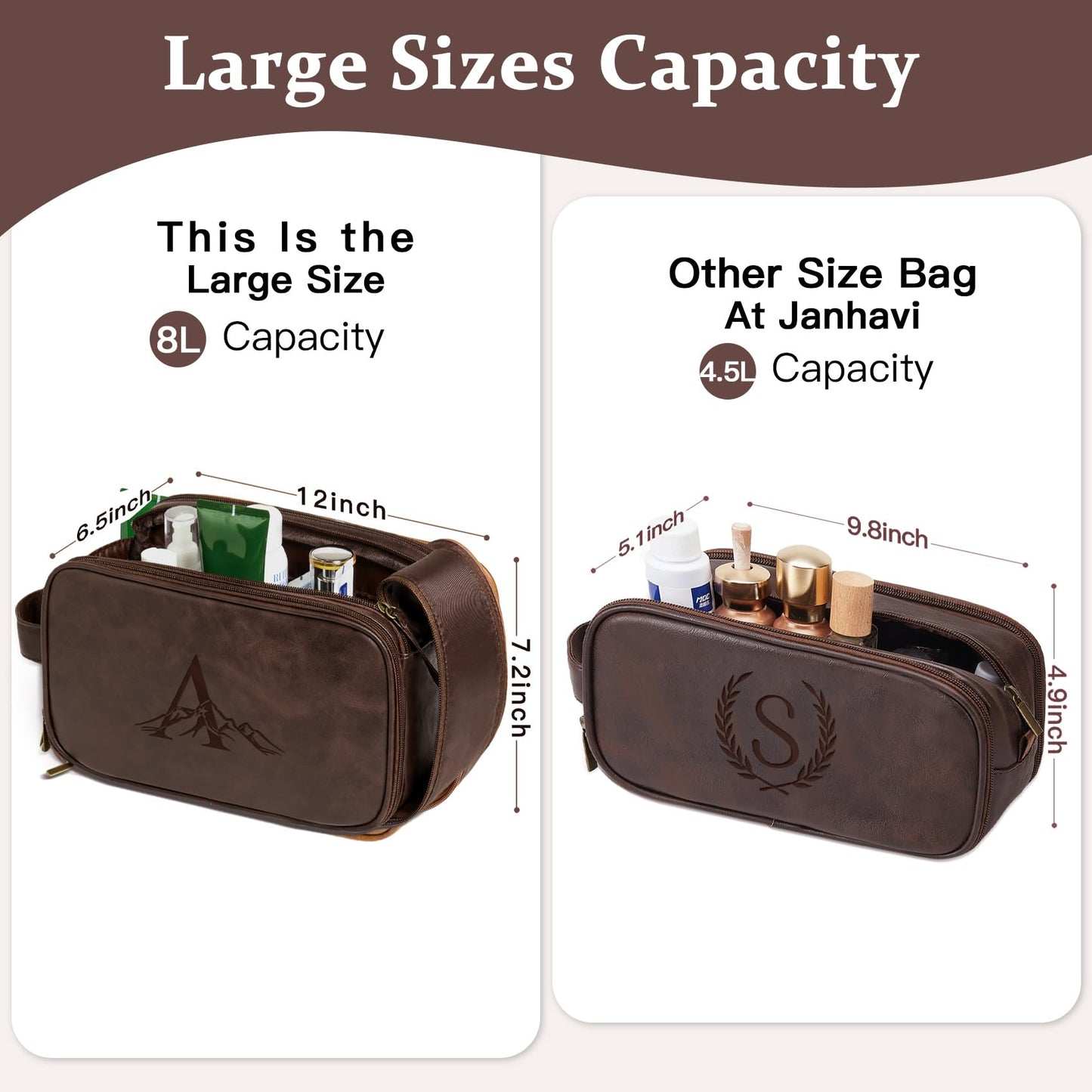 Janhavi Travel Toiletry Bag For Men Waterproof, Groomsmen Gifts Personalized Leather Engraved Initials & Mountain, Mens Dopp Kit Bag, Birthday Gifts For Men, Travel Tssentials (Dark Brown A)