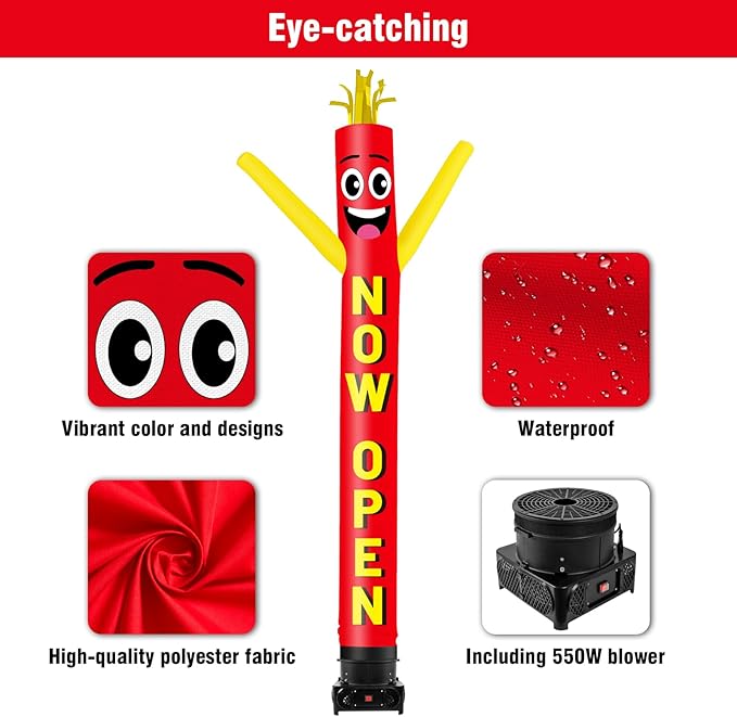 10FT Tall Inflatable Tube Man Now Open Wacky Wavy Dancing Guy with 3/4 HP Weather-Resistant Blower (12''Diameter) for Outdoor Decoration Advertising Business Promotion