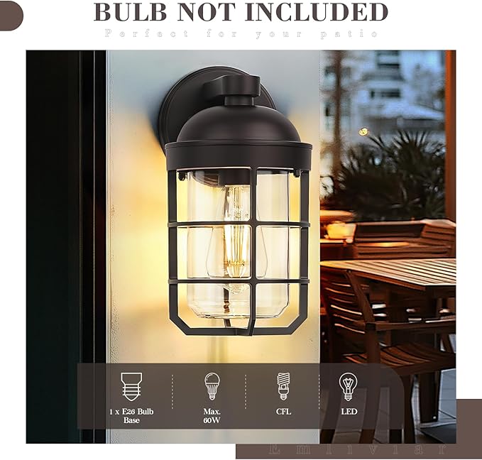 Emliviar 2 Packs Outdoor Wall Lamps, Patio Wall Lighting Waterproof with Clear Tempered Glass, Vintage Exterior Lights in Oil Rubbed Bronze Finish, GE255BL-2PK ORB