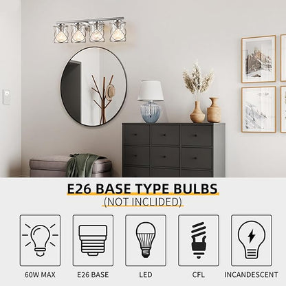 4-Lights Bathroom Light Fixtures, Brushed Nickel Modern Vanity Light Over Mirror, Bathroom Wall Lamp for Mirror Kitchen Living Room Hallway Porch, Farmhouse Wall Lights with Clear Glass Cage Shade