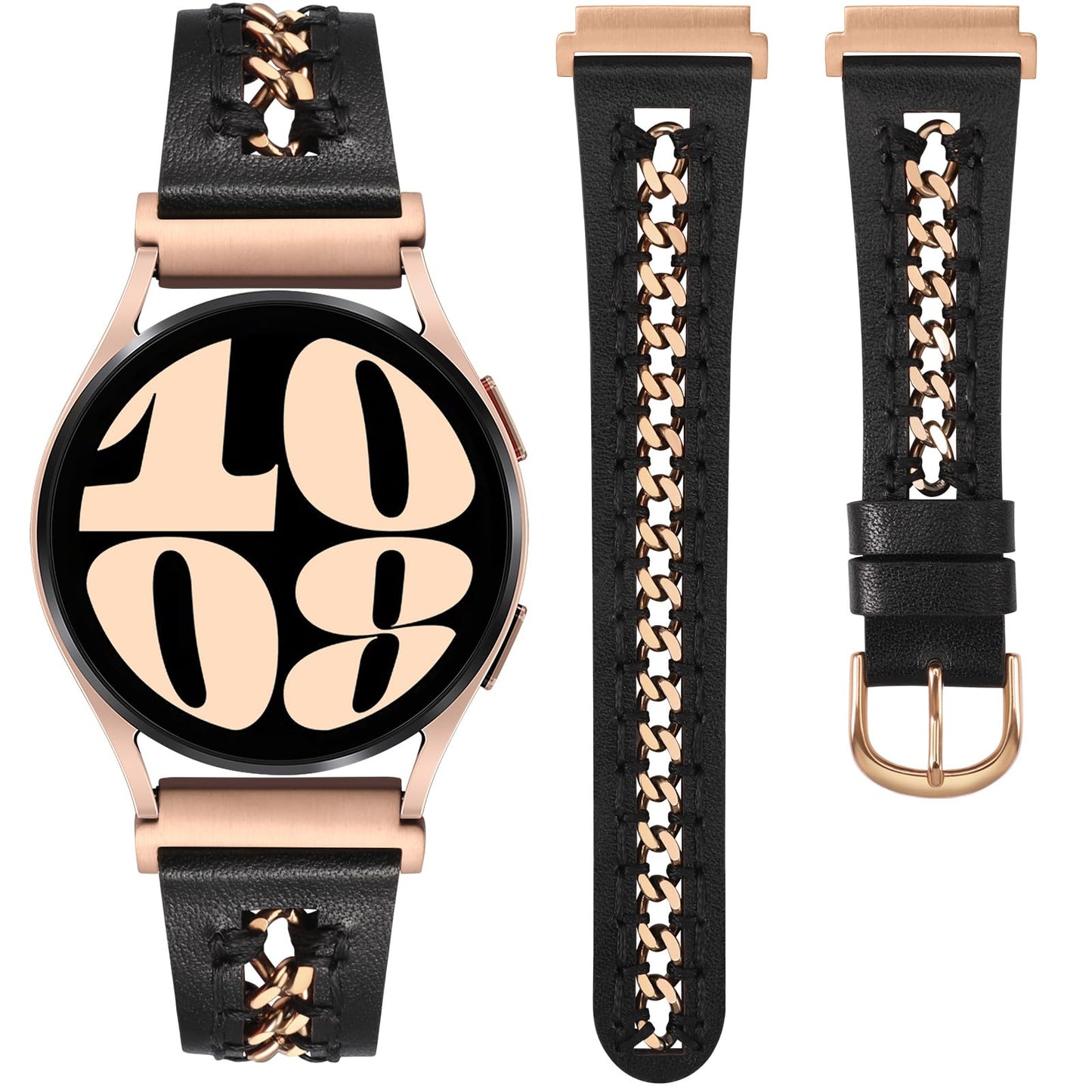 Minyee Leather Band Compatible with Samsung Galaxy Watch 7/6/5/4/FE/Active 2 40mm 44mm/Watch 6 Classic 43mm 47mm/Watch 5 Pro 45mm Bands, 20mm Dressy Leather Strap with Metal Chain, Black/Rose Gold