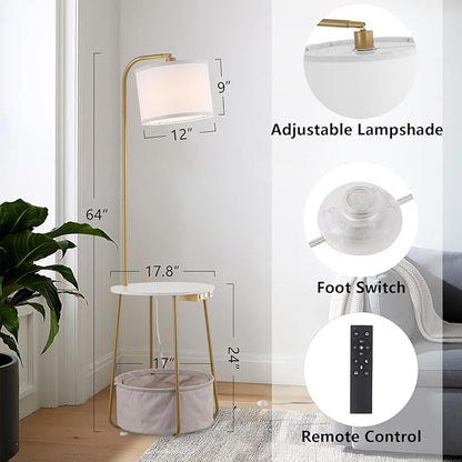 Floor Lamp with Cat Bed and Charging Station, Adjustable Lampshade, 3 Color Temperatures, Remote & Foot Switch Control, Standing Lamp with USB & AC Outlets for Living Room Bedroom, Gold