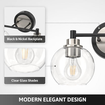VONLUCE Bathroom Light Fixtures, 2-Light Vanity Light with Globe Glass Shades E26 Sockets, Bathroom Lights Over Mirror for Bedroom Hallway Living Room, Black & Nickel Finish