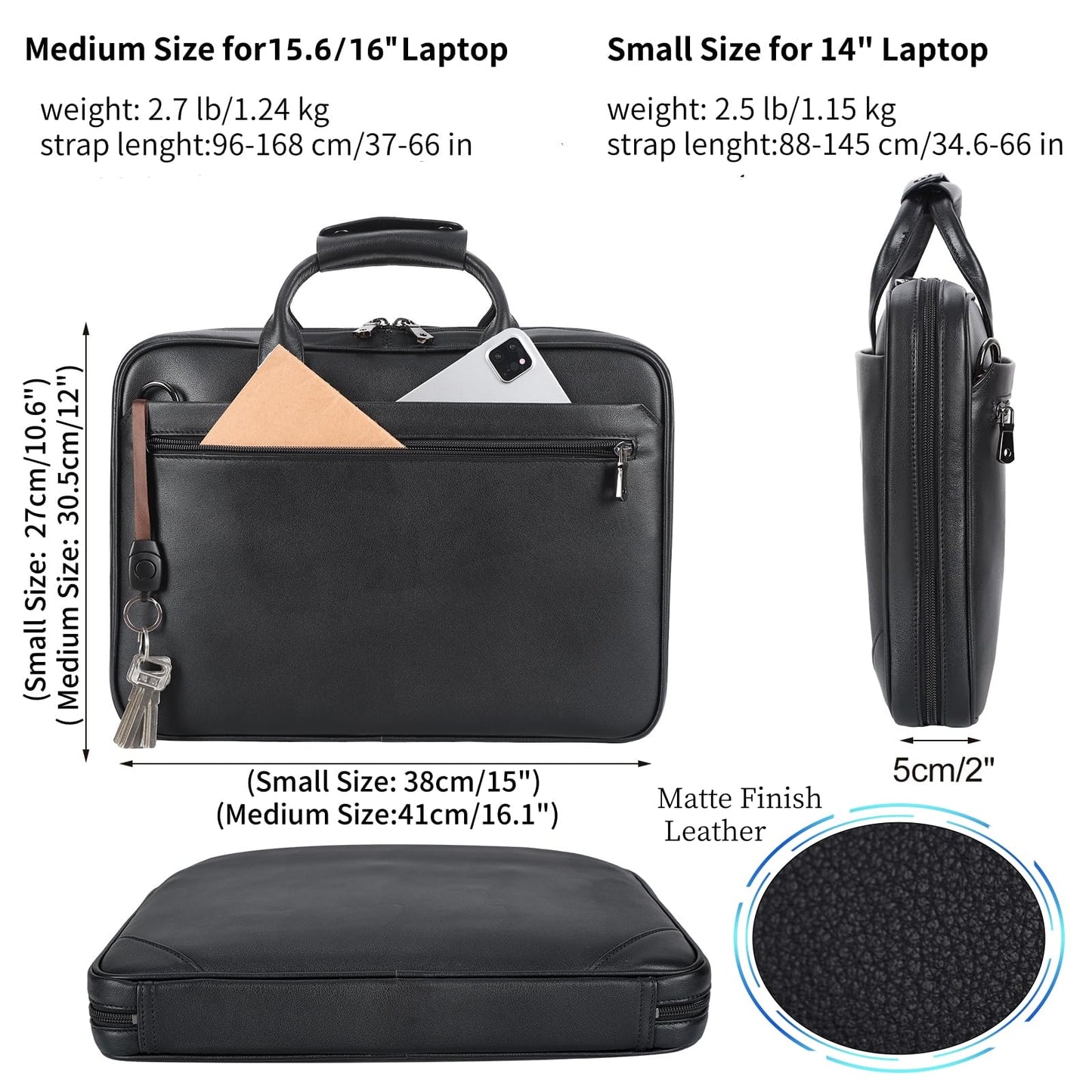 Masa Kawa Black Leather Slim Briefcase 14 Inch Laptop Bag for Men Crossbody Shoulder Messenger Computer Bags Attache Case for Business Work Lawyer