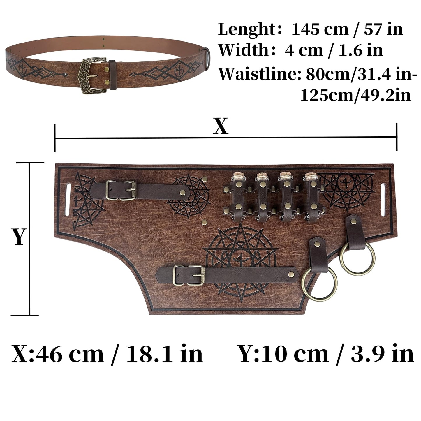 HiiFeuer 4 PCs Medieval Alchemy Belt Costume, Fantasy Faux Leather Wizard Potion Holder Belt with 4 Cork Vials and Belt Bag (Brown A)
