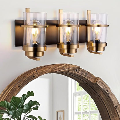 Black Gold Vanity Lights,3 Lights Bathroom Light Fixtures,Gold Finish Industrial Modern Wall Sconces 3 Lights,Bathroom Wall Lights(Bulbs not Included)