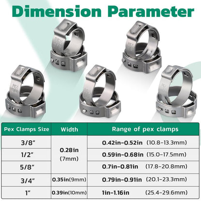 OURU 100PCS Pex Crimp Rings Assortment,304 Stainless Steel Pex Clamps 1/2",3/4" Single Ear Hose Clamps,Pex Cinch Clamps for Pex Fittings Pipe Tubing