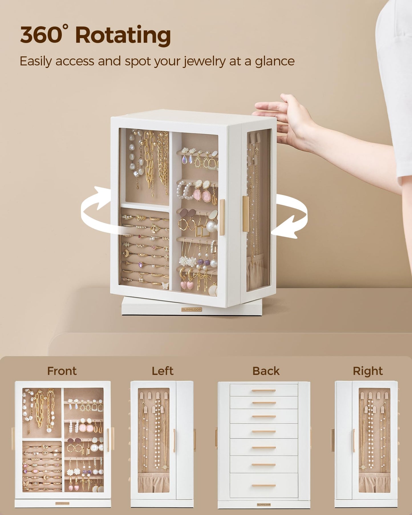 Glimmloop 360° Rotating Jewelry Box with 7 Drawers, Spacious Vertical Jewelry Organizer with Glass Window, Jewelry Storage Case, Dustproof & Moisture-resistant Design, White