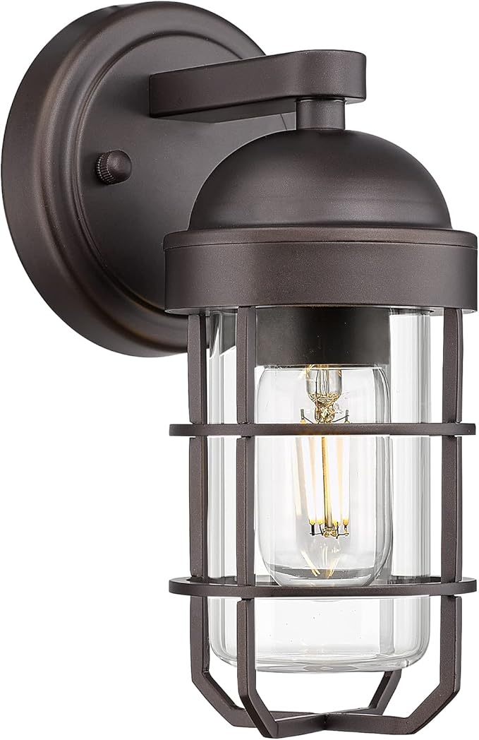 Emliviar Farmhouse Outdoor Wall Light for House Porch, Vintage Exterior Wall Lantern, Industrial Nautical Metal Cage with Clear Tempered Glass, Oil Rubbed Bronze Finish, GE255B ORB