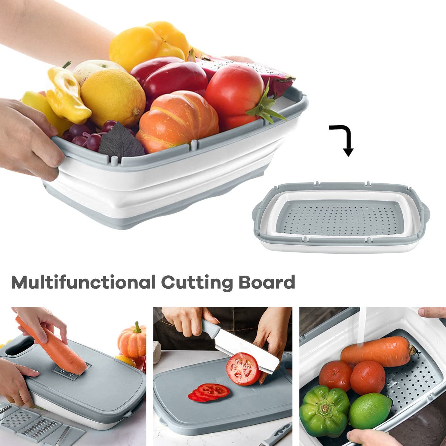Gintan Camping Cutting Board, 9-in-1 Collapsible Chopping Board with Colander, Kitchen Vegetable Washing Basket for Camping, Camping Gifts Camping Accessories for RV Campers (Blue+Grey)