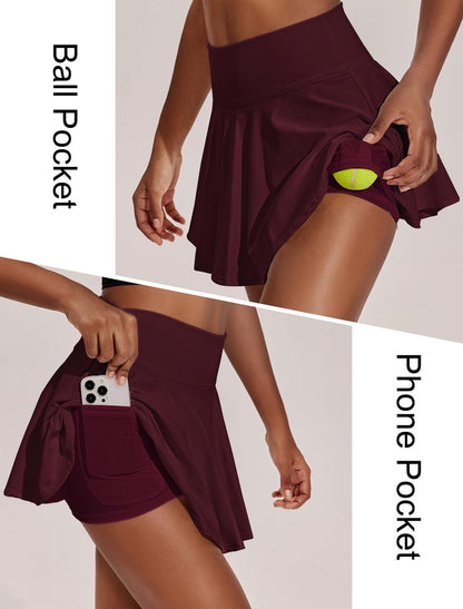 PINSPARK Tennis Skirts for Women High Waisted Athletic Golf Skorts with Pockets Shorts Quick Dry Pickleball Skirt, Red Merlot Large