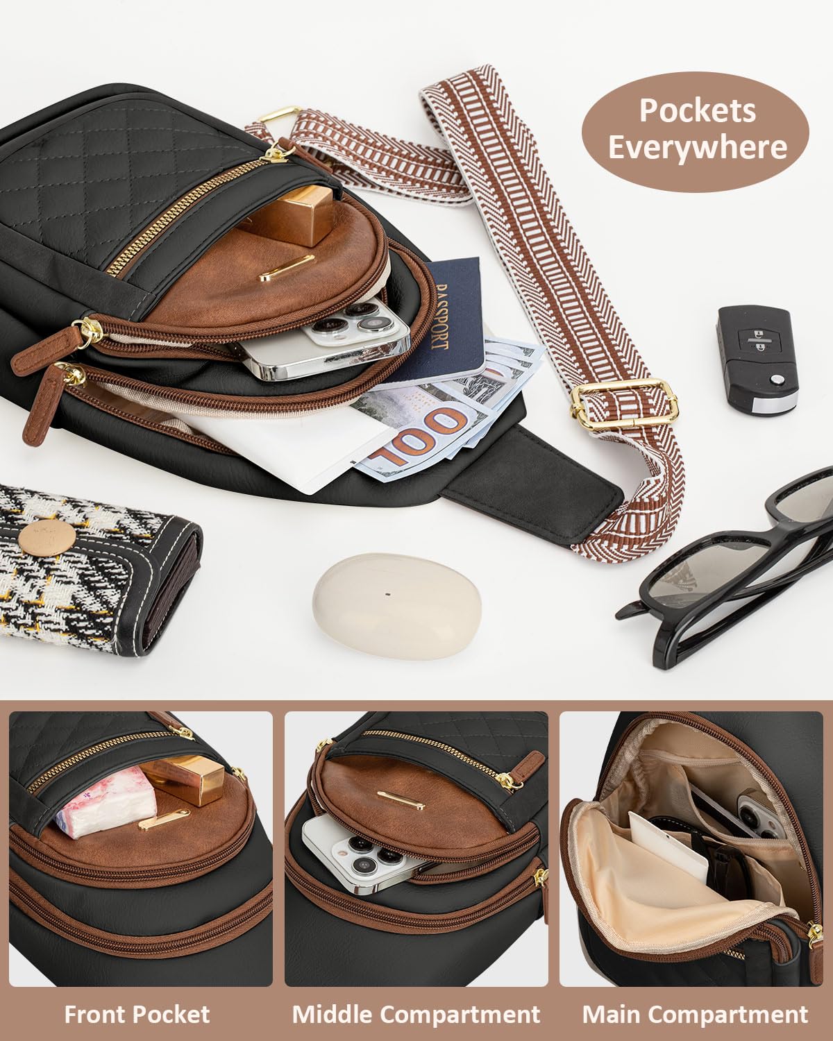 Capolo Crossbody Bag for Women, Adjustable Leather Chest Sling Bag with Multi-Compartment for Daily Use, Travel, Gift, Black With Brown