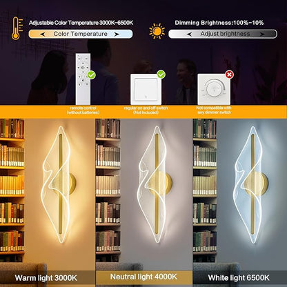 Gold Wall Lights 22.4In Acrylic Wall Sconce with Remote Control LED Dimmable Sconces Wall Lighting for Living Room Hallway Bathroom Bedroom Stairs