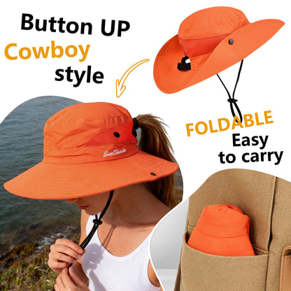 ZOORON Women's Ponytail Safari Sun Hat,Wide Brim UV Protection Outdoor Bucket Hat,Foldable Beach Summer Fishing Hat