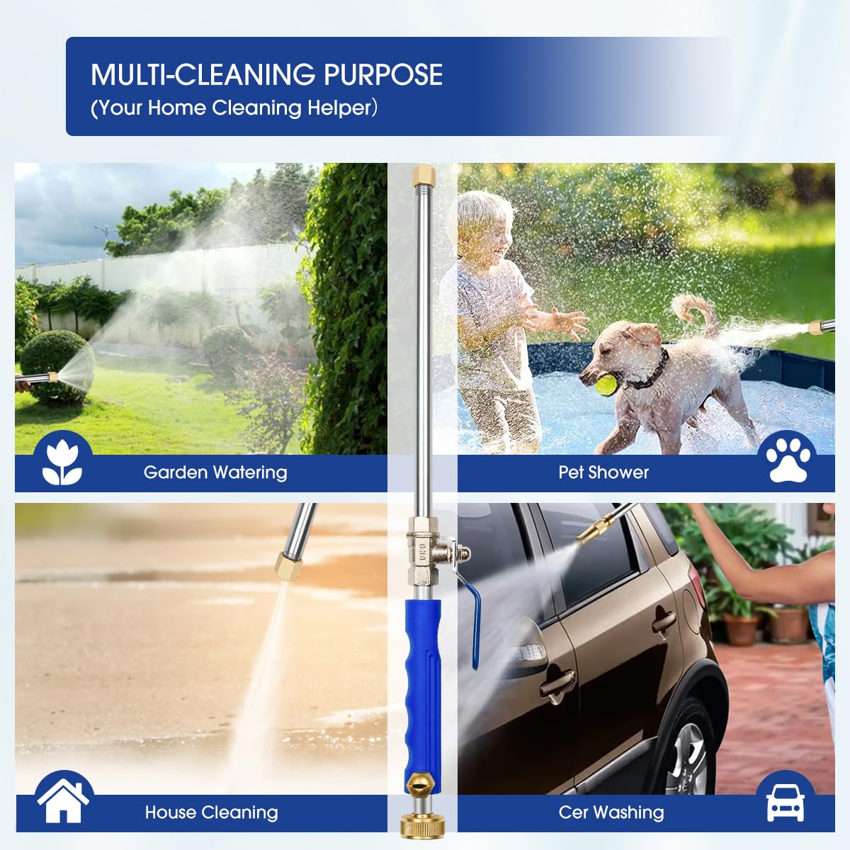 Yiliaw High Pressure Power Washer Wand With 3 Sprayer Nozzle, 38 Inch Garden Hose Nozzle Sprayer Flexible Watering Wand for Gutter Patio Car Pet Plants Window Cleaning Tool (Blue)