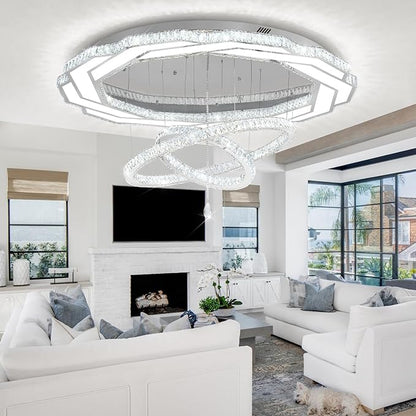 Flashing God Extra Large Chandelier Dia 55" Chrome Chandeliers Flush Mount Chandelier for Living Room Bedroom Dining Room Hallway Dimmable 3 Rings Chandeliers