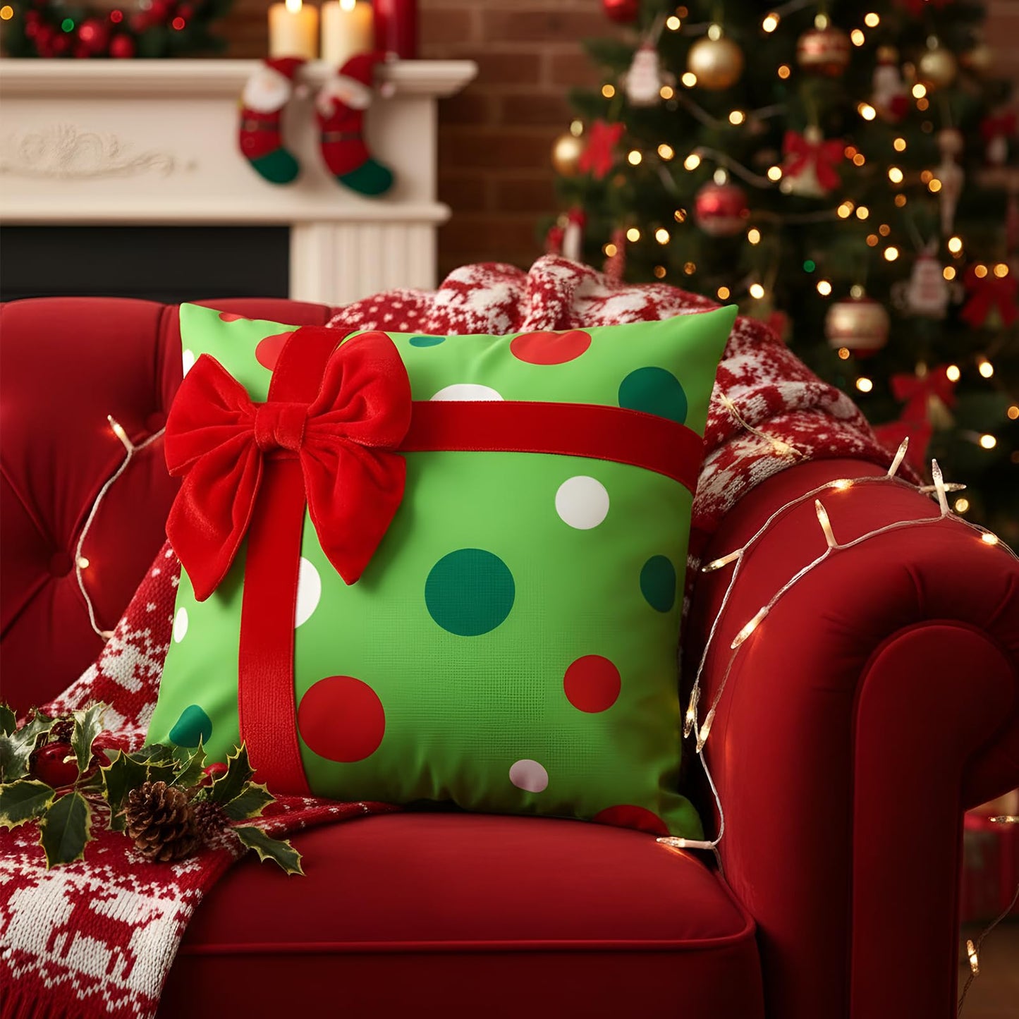 Breling 4 Set Christmas Pillow Covers 3D Bows Gift Box Pillow Cases 18 x 18 Inch Red Green Stripe Dot Xmas Winter Cushion Cases for Christmas Home Chair Bed Sofa Cushion Decor