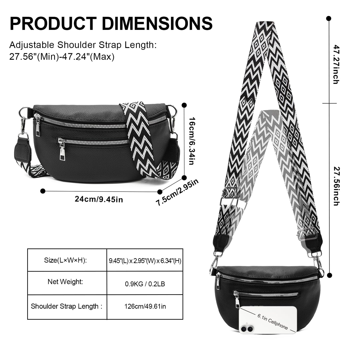 Long Keeper Faux Leather Crossbody Bags Bum Bag for Women Fanny Pack Lady Trendy Shoulder Sling Bag Waist Bags Belt Bag (Matte Black)