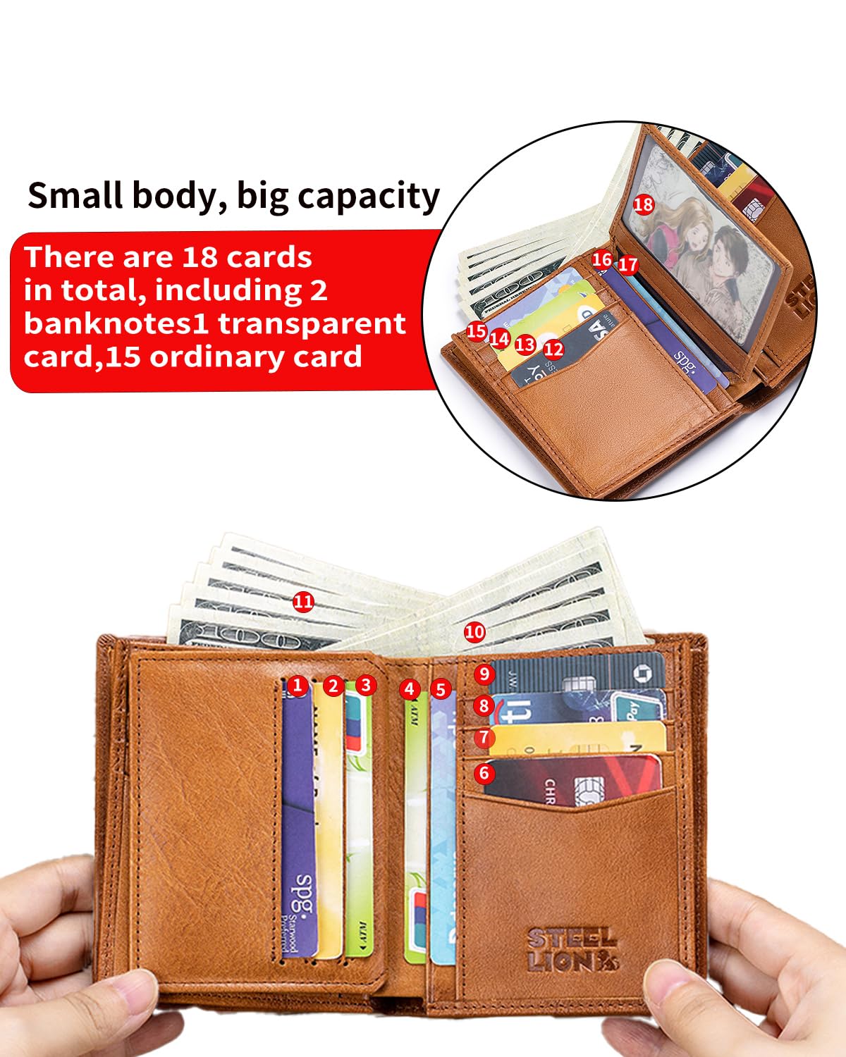 STEELLION Genuine Leather Men's Wallet, Bifold, Vintage RFID Blocking Large Capacity Wallet for Men, with 15 Credit Card Slots and 1 ID Window