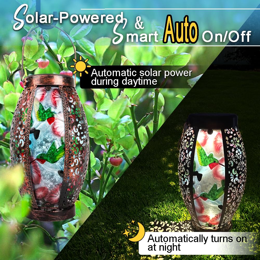 TEYIGARDEN 16" H Butterfly + 16" H Hummingbird Solar Lanterns Glass & Metal Hanging Lantern Outdoor Waterproof Tabletop Light with Hollowed-Out Design for Garden Patio Table Decor Christmas Gifts
