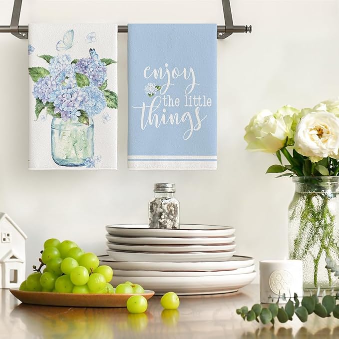 Artoid Mode Blue Hydrangea Motto Spring Kitchen Towels Dish Towels, 18x26 Inch