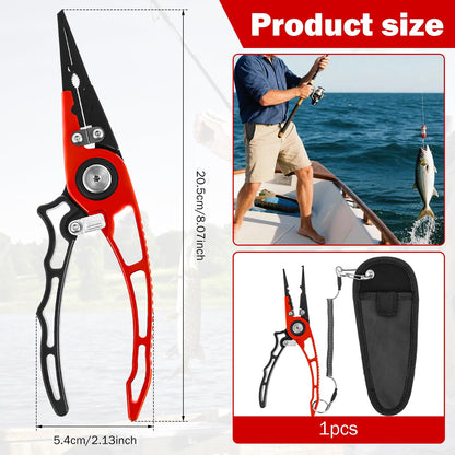 MABCIRY Aluminum Alloy Fishing Pliers with Canvas Sheath and Coiled Lanyard, Lightweight Fishing Tool with Safety Lock, Saltwater Resistant Fish Gear for Catch Fresh and Marine Fish