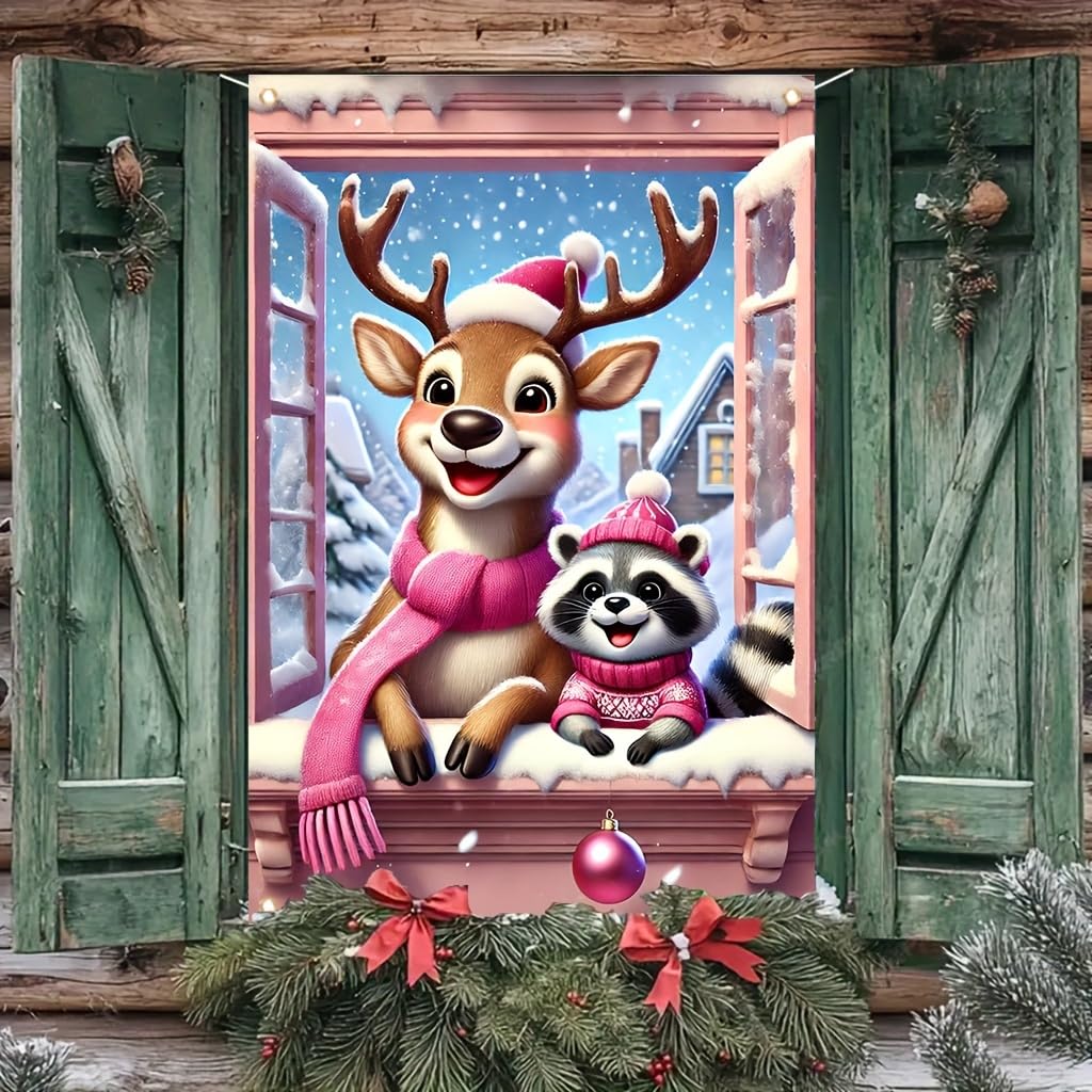 Tomhong Christmas Reindeer and Raccoon Window Banner 31x47 Inch Snowy Scene Holiday Decoration for Indoor Outdoor Home Wall or Window Display Cozy Christmas Decor