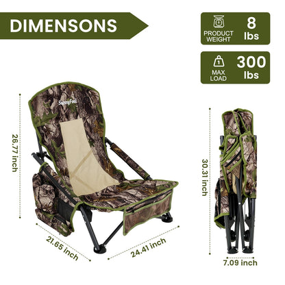 SUNNYFEEL Portable Low Profile Hunting Chair for Ground Blind, Lightweight Folding Turkey Hunting Chair with Silent Steel Frame, No-Sink Feet & Carry Strap, Camo Hunting Seat