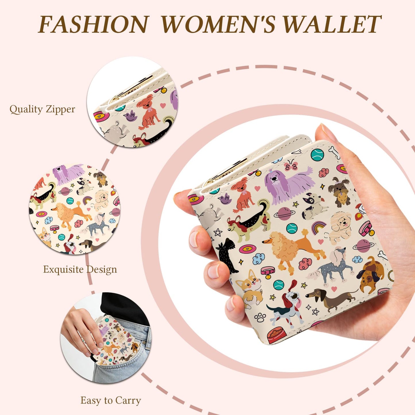 Wazzio Cute Dog Wallet for Women, PU Leather Accordion Wallet, Credit Card Holder with 1 ID Window 14 Card Slots, Zipper Coin Purse for Ladies Girls Teen Female