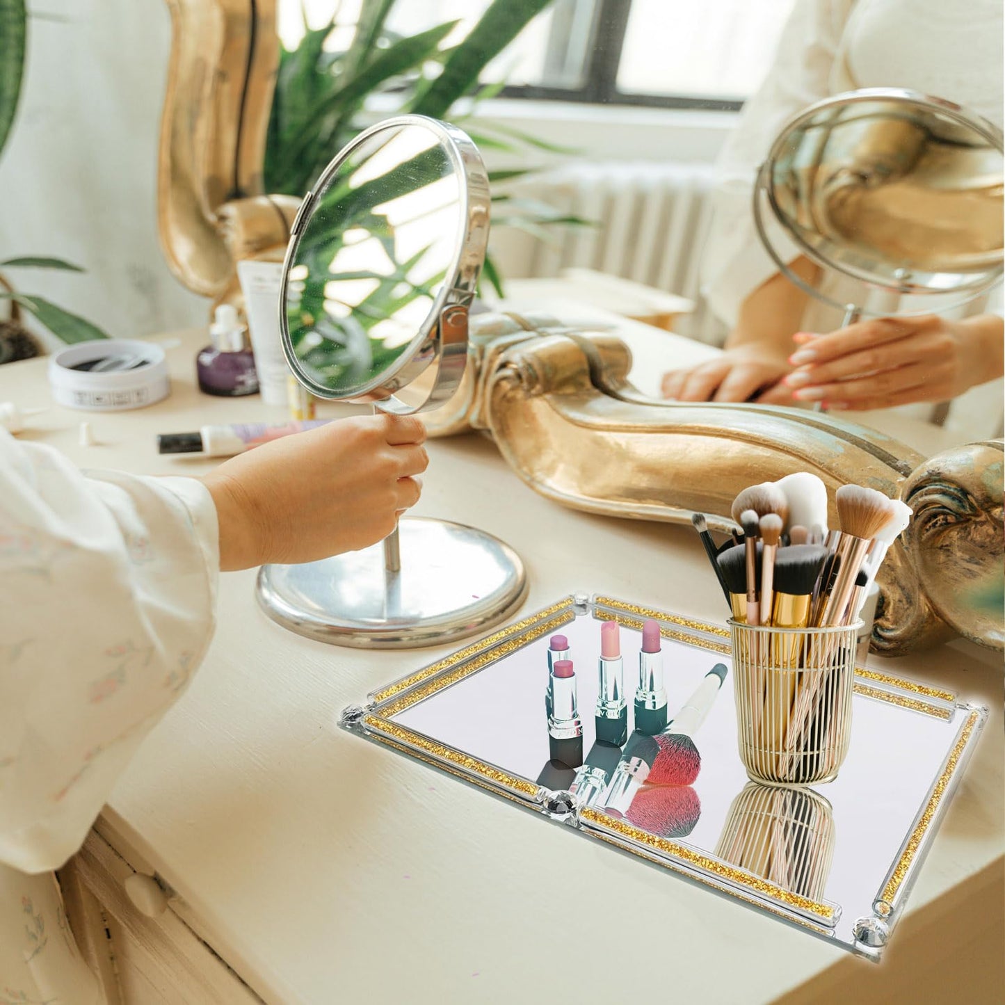 Large Gold and Glass Tray, 15.7" x 11.8" Crushed Diamond Mirror Perfume Makeup Display Tray, Noble Jewelry Trinket Cosmetics Crystal Makeup Organizer for Home Decor,Banquet Party (Golden)