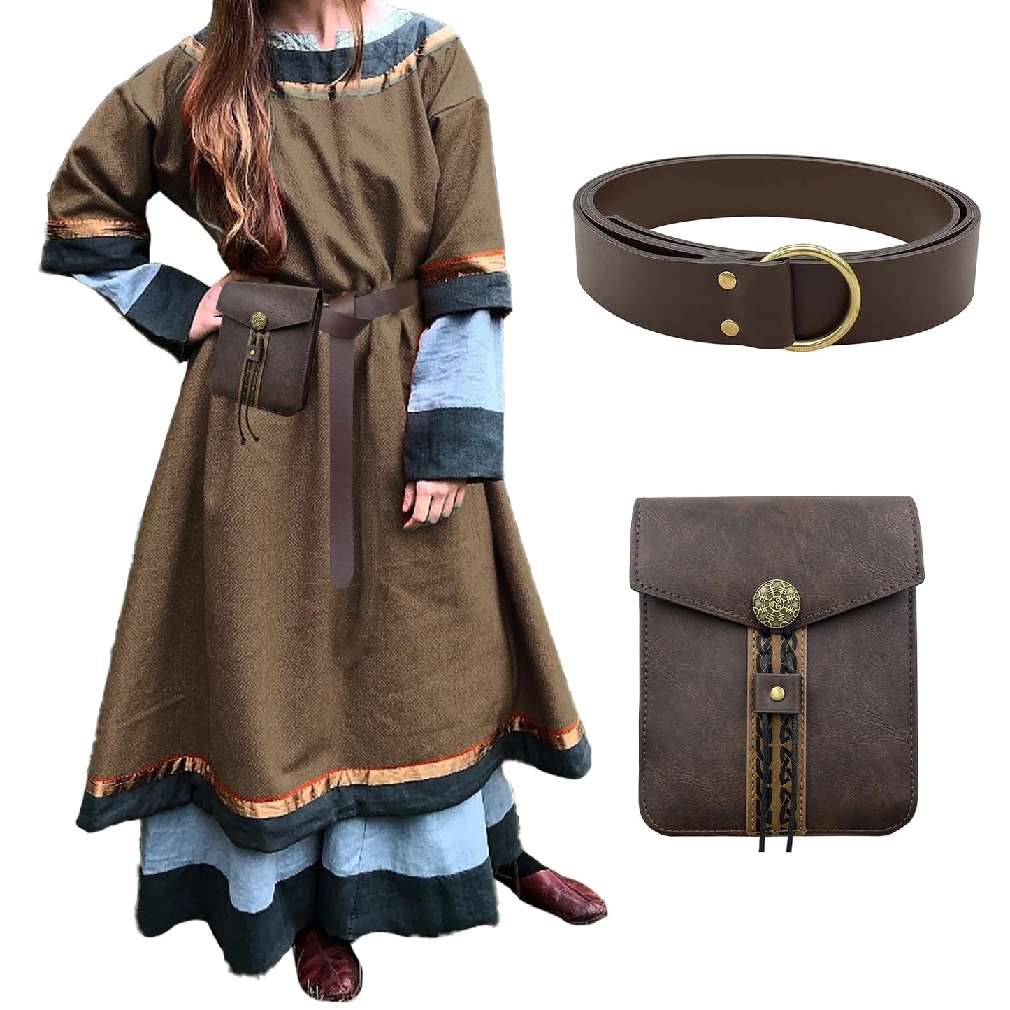 EpicCos 2 PCs Medieval Vintage belt Bag Set, Middle Ages Faux Leather Belt with Belt Pouch, Renaissance Costume Accessories (Brown A)