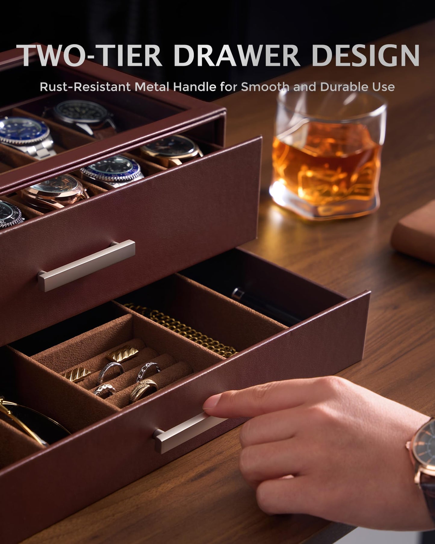 ProCase 12-Slot Watch Box, 2-Tier Pull-Out Drawers Display Case for Men, Fathers Day Gift for Dad Men with Clear Top Lid, Jewelry Sunglass Storage Organizer, Anniversary Birthday Gifts -Espresso