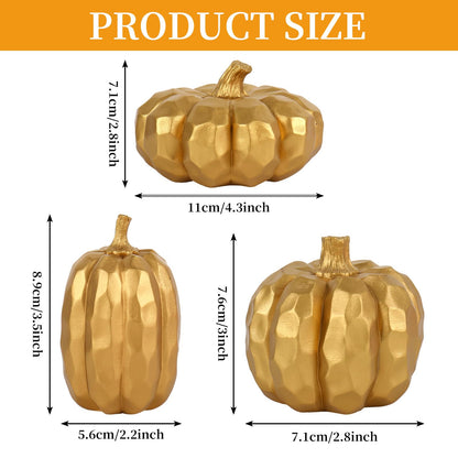 JarThenaAMCS Fall Pumpkin Decoration 3Pcs Resin Artificial Pumpkins Gold Fake Pumpkin Table Centerpieces for Autumn Harvest Thanksgiving Farmhouse Home Party Supplies