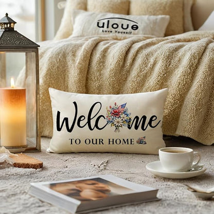 Patriotic Welcome Throw Pillow Covers 12 x 20 Inch Farmhouse Summer Holiday Decorative Lumbar Pillowcases Flowers Cushion Covers for Front Porch Decor Housewarming Gifts (Blue/Red)