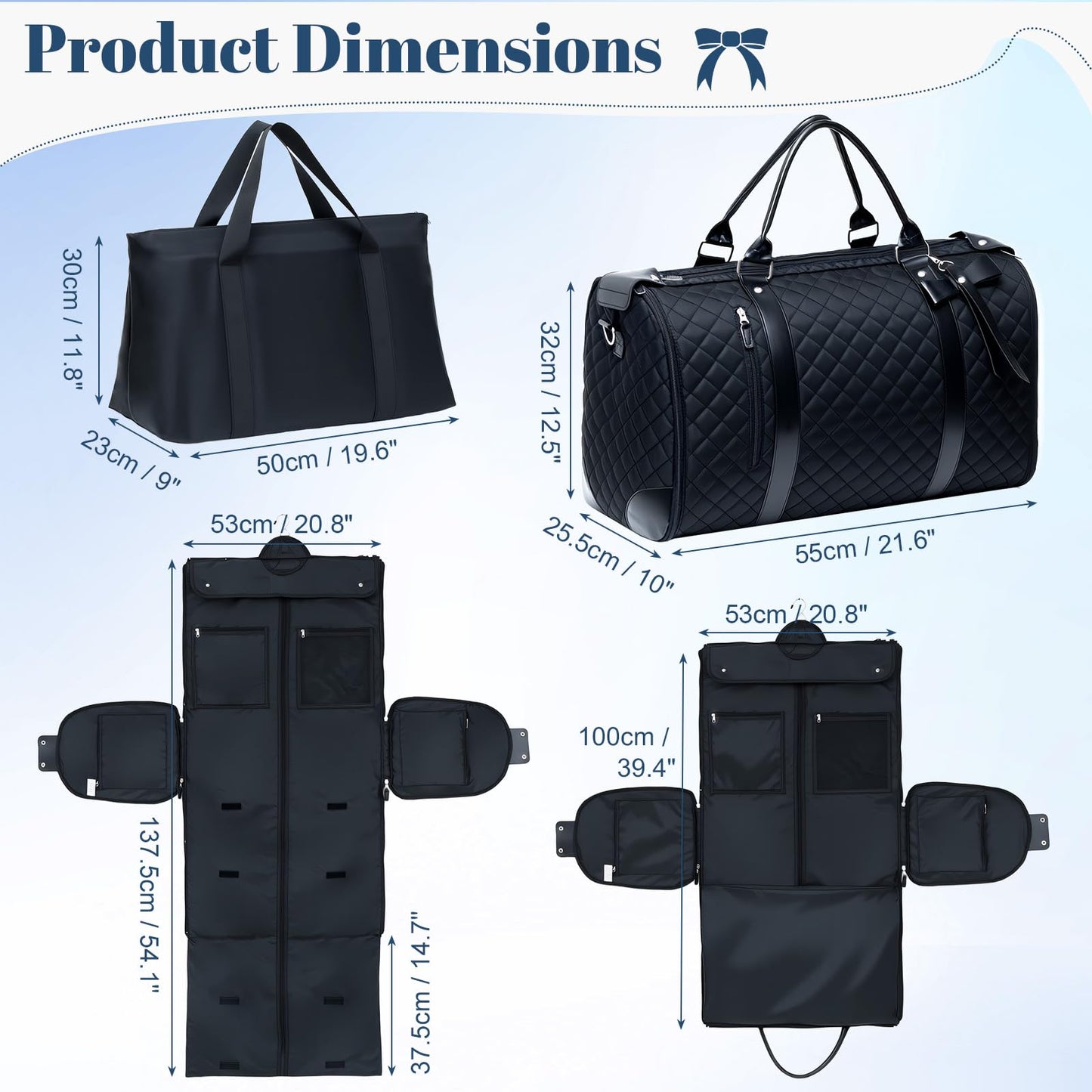 GARPROVM Garment Bags for Travel Women, 3 in 1 Convertible Garment Duffle Bags with Separated Tote Bag, Waterproof Suit Bag Travel Carry On Luggage Weekender Bag for Business Trip, Black