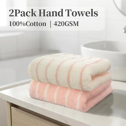 VOOVA & MOVAS Pink Stripe Natural Cotton Hand Towels Set of 2, Bathroom &