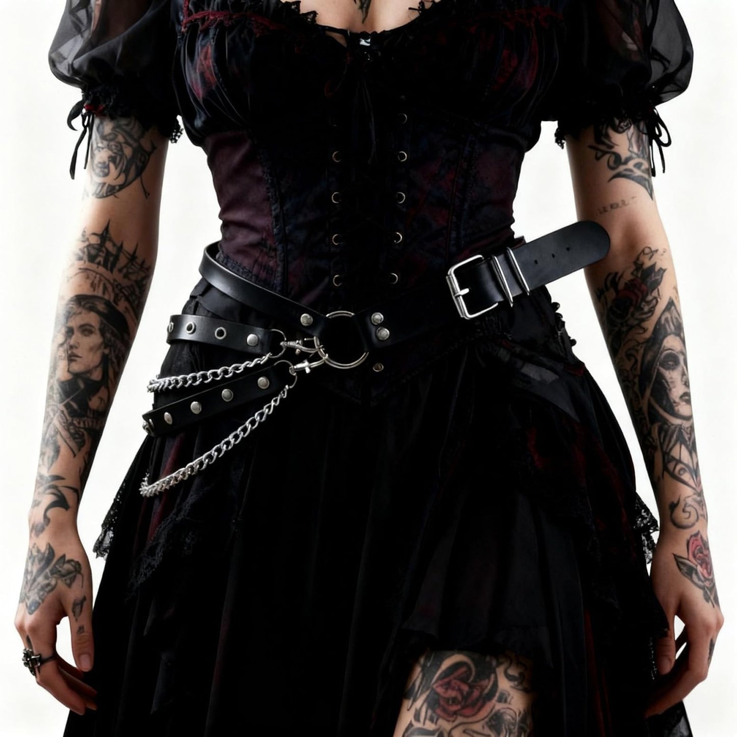 Aufordebatis Punk Goth PU Leather Layered Wasit Belt for Women, Adjustable Grunge Emo Rave Gothic Chain Belts Accessories (Black, S for Waist 30-34 in)