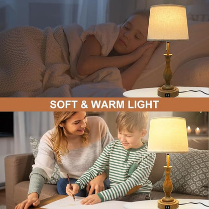 Farmhouse Table Lamp 3-Way Dimmable Table Lamp, Modern Nightstand Lamp with 2 USB Port Pull Chain Bedside Desk Lamp with Fabric Shade for Living Room Bedroom Hotel (Pack 1-Beige Shade & Pull Chain)