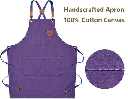 AFUN Chef Aprons for Men Women with Oversized Pockets, 16-Ounce Cotton Canvas Cross Back Heavy Duty Work Apron (Purple)