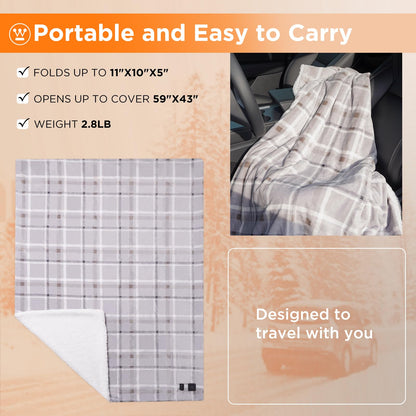 Westinghouse Heated Car Blanket, 12-Volt Electric Blanket for Car, Truck, SUV, RV, Portable Heated Throw for Camping, Grey Buffalo Plaid, 59" x 43”