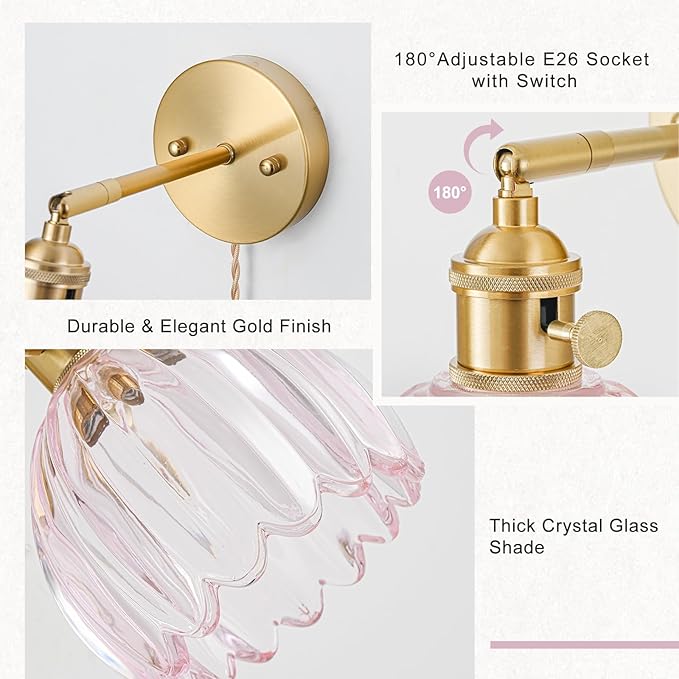 Plug in Wall Sconce, Vintage Sconce Light with Tulip Pink Glass Lampshade, 180° Adjustable Wall Sconce with Switch and Plug in Wall Lamp Cord, Gold Wall Light for Bedroom Bedside