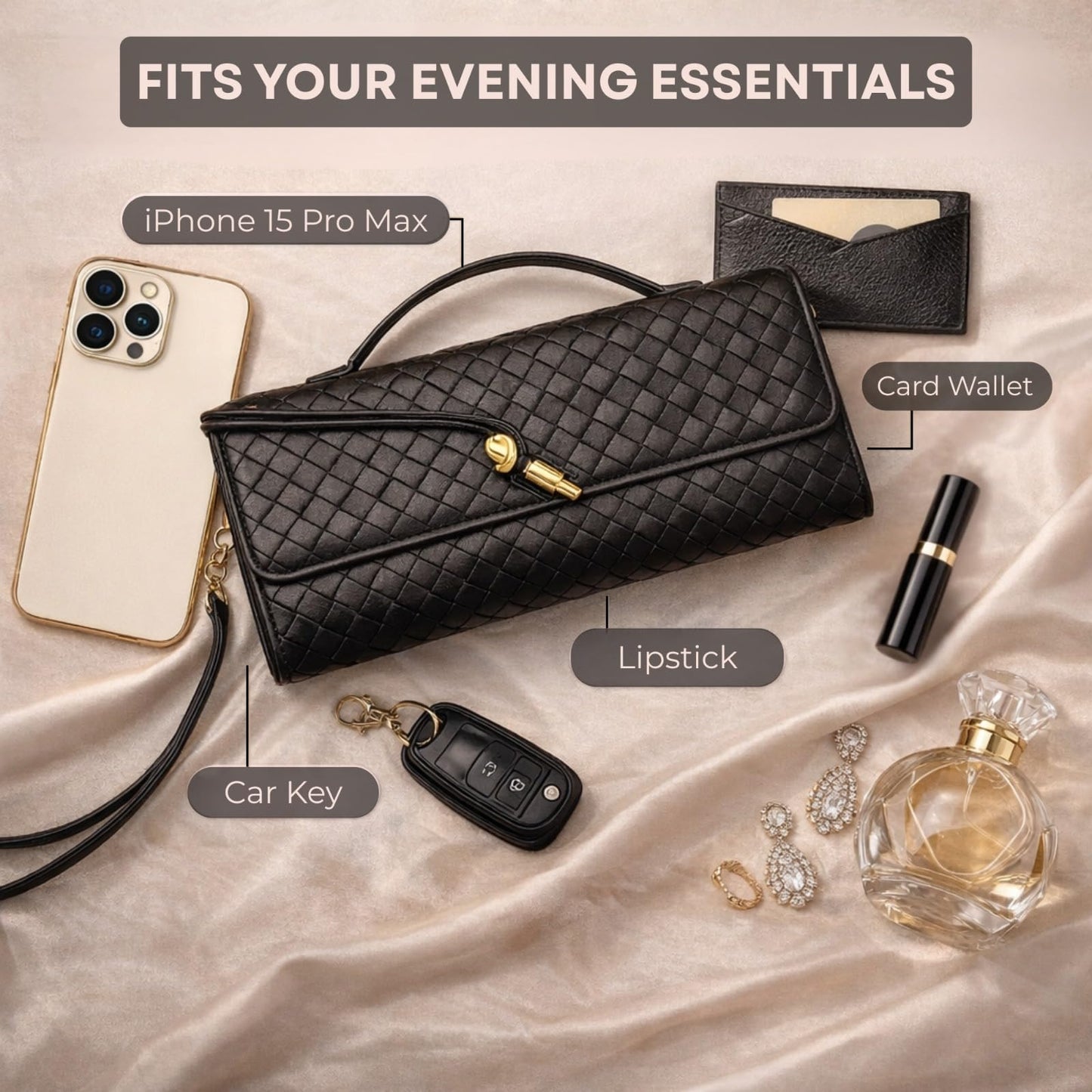 BEGONICA Woven Evening Clutch Purse for Women - Soft Vegan Leather Crossbody Bag - Small Black Evening Bag - Elegant Shoulder Handbag for Weddings & Parties